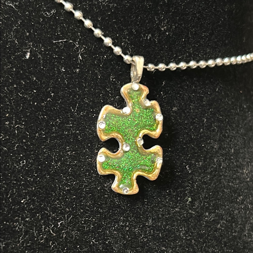Green Autism Puzzle Piece Resin Pendant w/Free Necklace